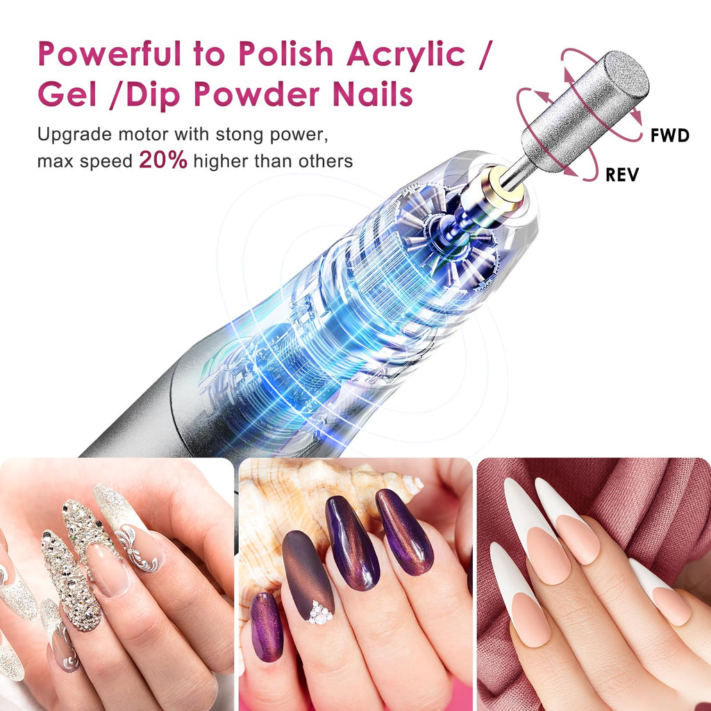 COSLUS C20 Cordless Nail Drill Electric File: Professional for Acrylic Gel Dip Powder Nails, Portable All-in-One Nail Drill Machine Kit for Manicure & Pedicure, Rechargeable Lightweight, Purple