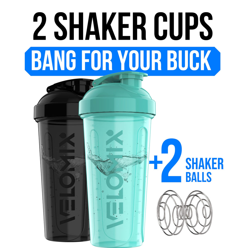 VELOMIX -2 Pack- 28 oz Protein Shaker Bottles for Protein Mixes - 2x Wire Whisk | Leak Proof Shaker Cups for Protein Shakes | Protein Shaker Bottle Pack (Black/Transparent)