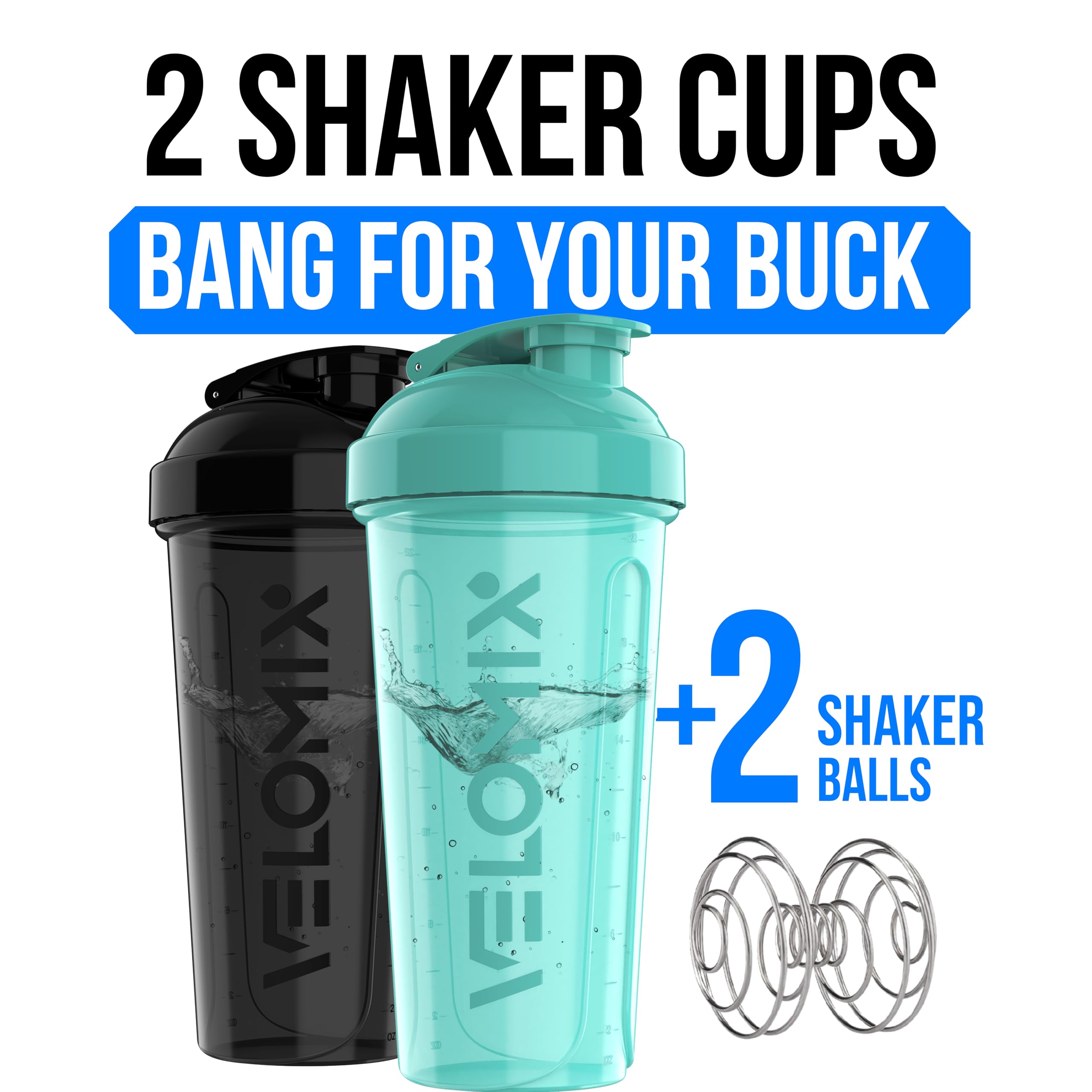 VELOMIX -2 Pack- 28 oz Protein Shaker Bottles for Protein Mixes - 2x Wire Whisk | Leak Proof Shaker Cups for Protein Shakes | Protein Shaker Bottle Pack (Black/Transparent)